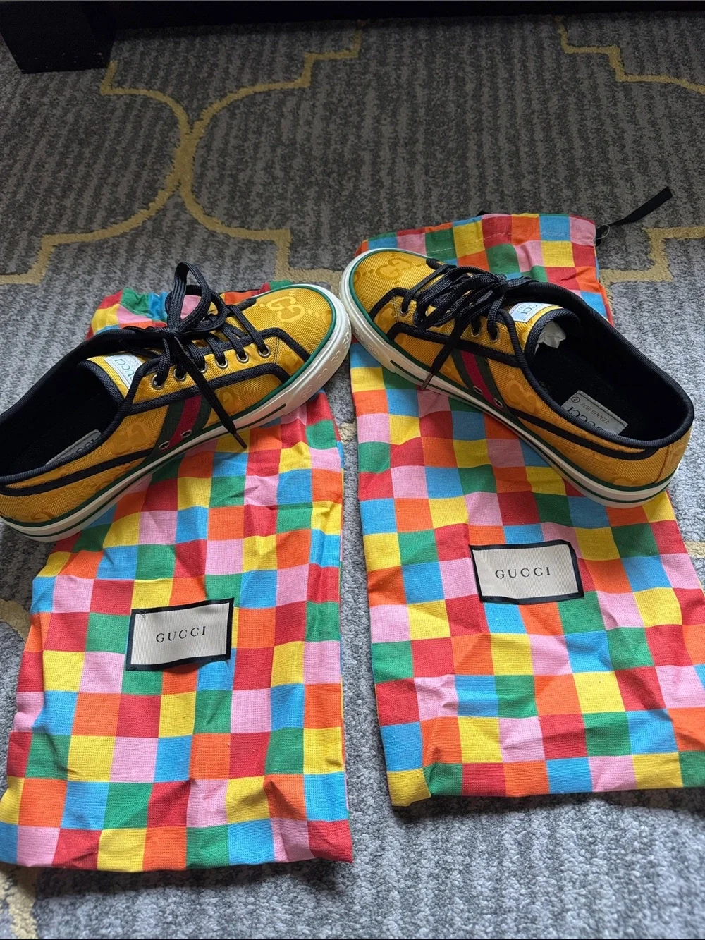 Mens Gucci Yellow Canvas Sneakers with Green and Red Web Stripe and Black Trim